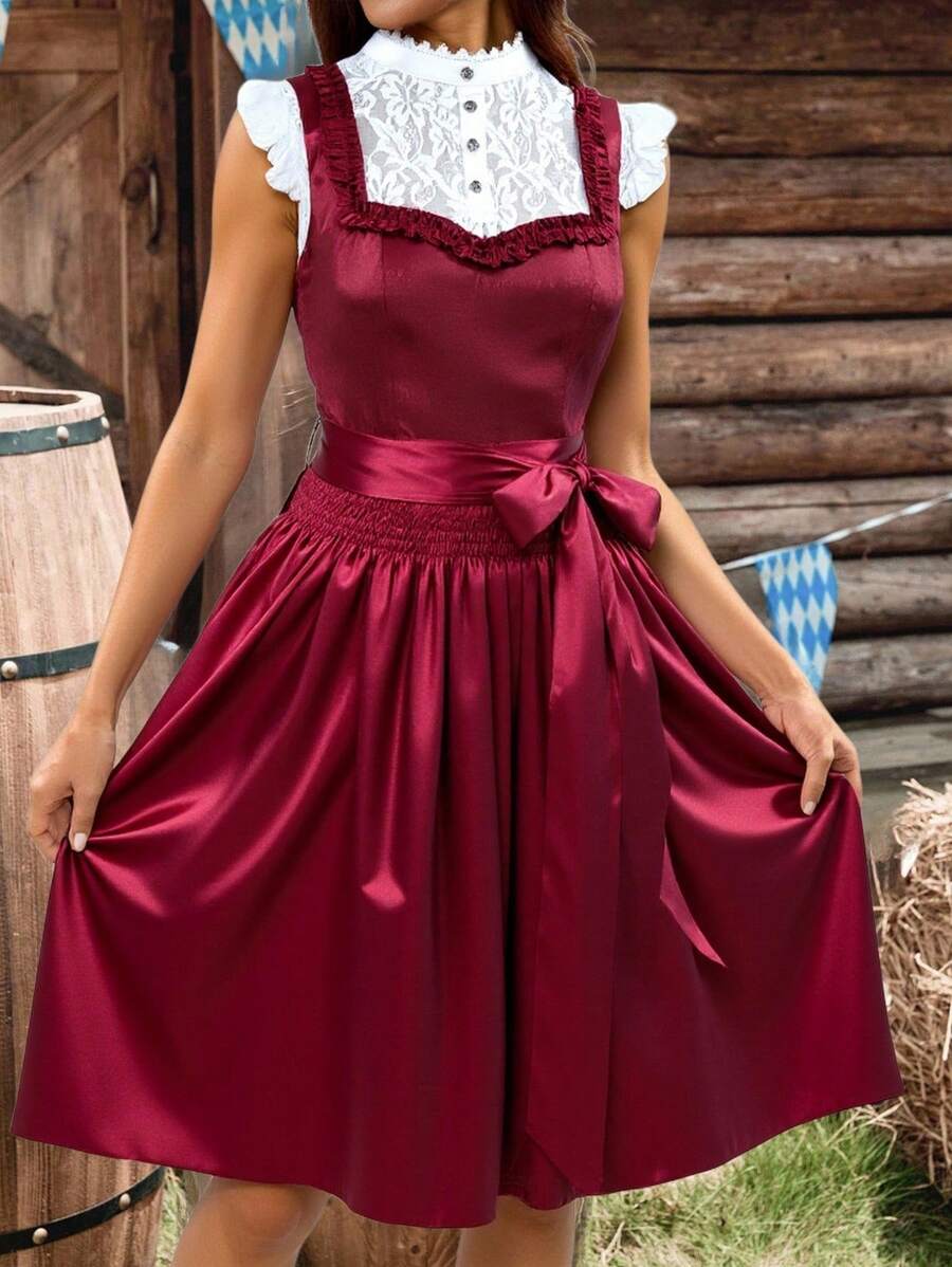 Fairmaia 德国传统女性对比色系腰无袖连衣裙 Dirndl 慕尼黑啤酒节传统德国传统复古无袖女装传统 Dirndl 方领连衣裙和围裙，适合十月、万圣节 - 酒紅色 - 查看 1