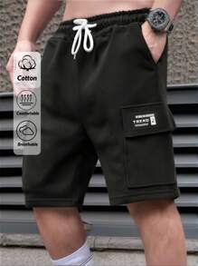 RueChic Men Cottonline Patched Cargo Pockets Drawstring Regular Short - Black - View 1