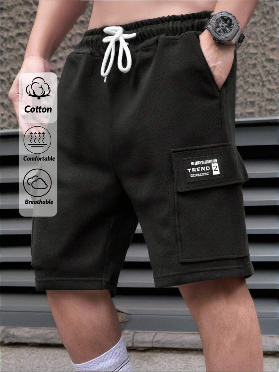 RueChic Men Cottonline Patched Cargo Pockets Drawstring Regular Short - Black - View 1