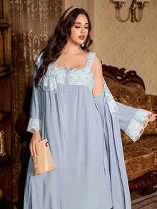 PalaceNights Palace Nights Embroidered Trim Patchwork Vintage Palace Style Plus Size Nightgown + Robe Set, Fall Clothes - Baby Blue - View 6