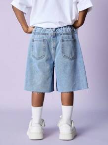 SHEIN Baby Boys Distressed Casual Ripped Light Blue Loose Fit Baggy Denim Long Shorts Bermuda,For Boys Spring And Summer Clothes Daily Wear Outfits - Blue - View 2
