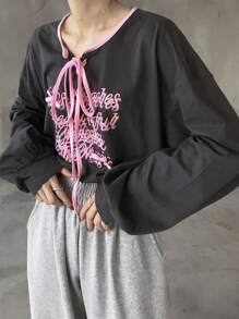 FRIFUL 女士圆领蝴蝶结撞色宽松前印花休闲长袖T恤，秋季/春季 - 黑色 - 查看 7