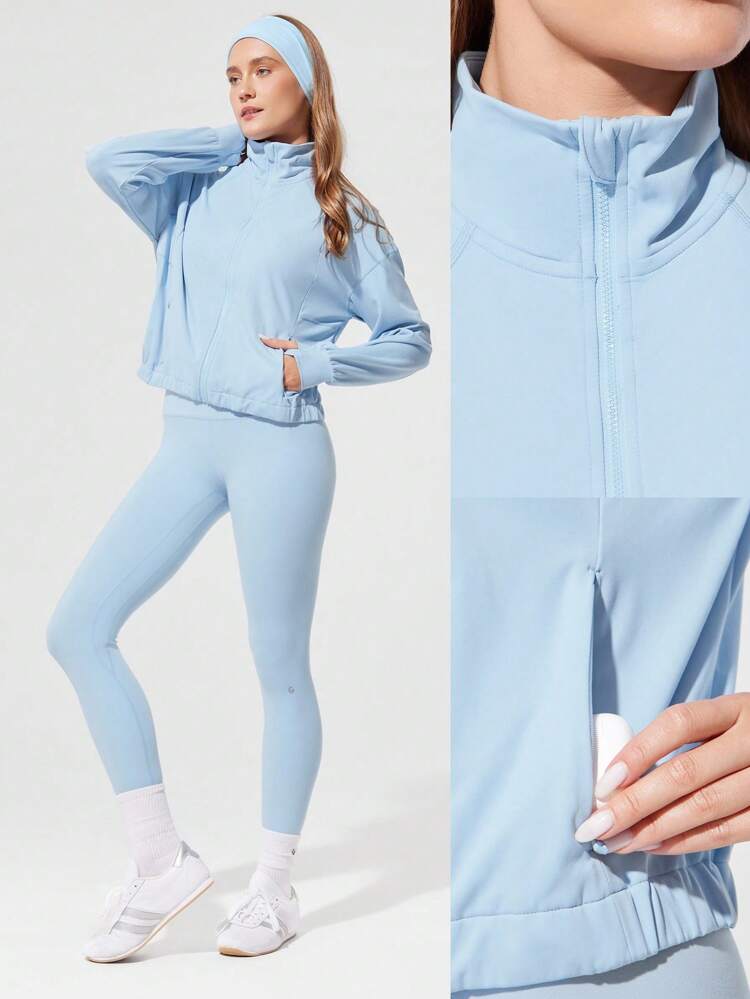 Sweat-Wicking Quick-Dry Take A Stand Collar Sport Long Sleeve Jacket With Hidden Pockets Thumbholes Daily Casual  Spring Summer