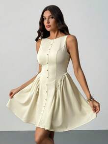 SHEIN Tall Váy mini trơn không tay dành cho nữ, thời trang cho mùa xuân, hè, thu, đông, thích hợp mặc nhiều lớp, dự tiệc, hẹn hò - Màu be - Xem 4