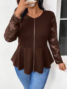 SHEIN Frenchy Chaqueta de uso diario con encaje y cremallera para talla grande, chaqueta elegante de manga larga para otoño, chaqueta negra versátil, ropa de calle para mujeres para salir, ropa de mujer para otoño