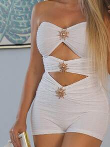Cioccolato Women's Vacation White Knit Textured Metallic Accent Slim Jumpsuit, Suitable For Party, Date, Afternoon Tea, Music Festival, Beach, Cruise, Summer - White - View 4