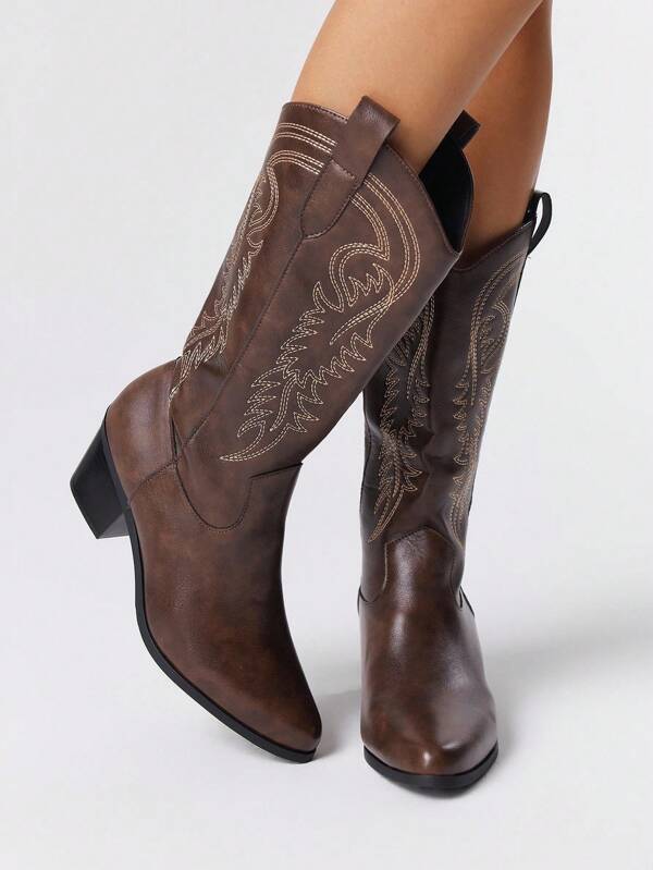 ROMWE Goth Women's Cowboy Boots, Coffee Brown Color, Fashion Pointed Toe Embroidery Chunky Heel Western Boots, Spring/Autumn New Arrival