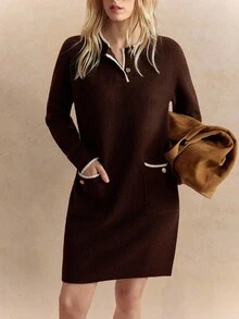 Écloséra 法式复古羊毛混纺宽松圆领长袖针织毛衣裙，咖啡色/白色撞色边饰和金属纽扣，春/秋/冬女装，复古，工作服，办公室装，教师装，返校装，秋季装，商务休闲装，复古风，学院风 - 咖啡棕 - 查看 5