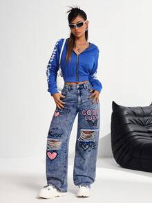 SHEIN PETITE 女式休闲破洞直筒牛仔裤，蓝色印花