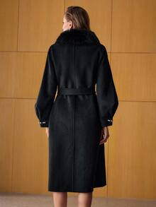MOTF PREMIUM ABRIGO LARGO DE LANA CON CUELLO DE PELO SINTÉTICO CONTRASTANTE, OTOÑO/INVIERNO - Negro - Ver 4