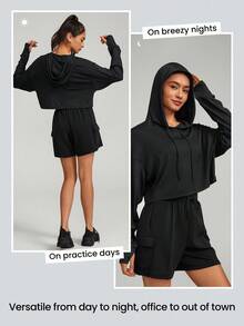 GLOWMODE Modal Ultra-Thin Drawstring Long Sleeve Cropped Hoodie Daily Casual - Black - View 4