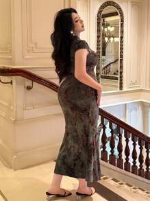 Flirla Váy sườn xám nhung jacquard kiểu Trung Hoa thanh lịch dành cho nữ cỡ lớn - màu xanh lá - Xem 2