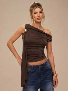 SHEIN BAE 纯色不对称肩部金属扣系带修身女式上衣，适合日常穿着、约会、郊游、聚会、派对，优雅的女士分层单品，适合鸡尾酒会、浪漫约会、秋冬针织汗衫 - 棕色 - 查看 5