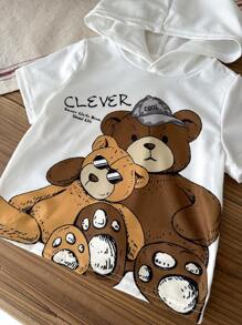 SHEIN Bé Trai Bé Gái Hoạt Hình Họa Tiết Gấu Có Mũ Trùm Đầu Áo Nỉ Tay Ngắn Có Huy Hiệu Trang Trí & Quần Short Thường Ngày 2 Cái/bộ - Cà phê nâu - Xem 8