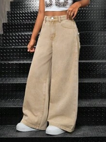 SHEIN 少女休闲都市Y2K星形图案卡其色优雅宽松牛仔裤，优雅简约百搭阔腿裤，秋冬季返校季街头风，舒适百搭，适合上学、居家和旅行，儿童宽松牛仔裤 - 卡其色 - 查看 5