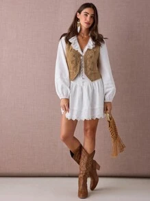 Enchnt Gilet da donna con decorazioni in strass, stile western, con lacci sul davanti, adatto per l'autunno/inverno