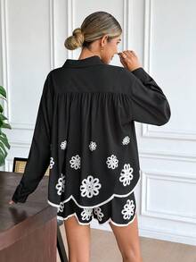 SHEIN Frenchy Damen Mode Lässig Blumen Muster Hemd & Shorts 2 Stücke Set
