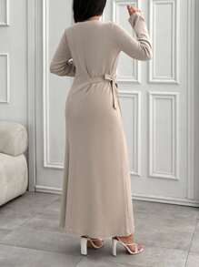 EURMUSE Rib Knit Crew Neck Long Sleeves Knot Detailed Dress Office Beige Autumn Modest Elegant - Grey - View 2