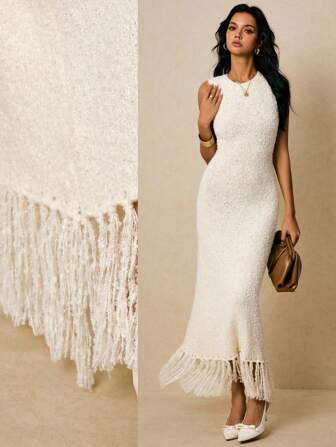 Poéselle Damtröjklänningar med tofsfållar Varma och bekväma damklänningar Vita klänningar Västklänningar Dam enfärgad rund halsringning tofsfåll åtsittande ärmlös tröjklänning Höstklänningar Vinterklänning Höstklänning för bröllopsgäster Höstkläder för kvinnor Vinterkläder för kvinnor Höstoutfits Homecoming-klänning Julklänning Utekvällsoutfit Y2k Old Money-klänning Old Money-outfits kvinnor, Franströjklänning