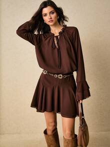 Poéselle 女式度假休闲纯色喇叭袖短款连衣裙 - 棕色 - 查看 2