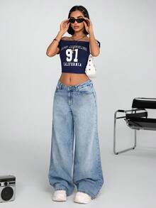 100% 纯棉女式低腰阔腿中号蓝色 Y2K 风格宽松牛仔裤 - 中等水洗藍 - 查看 3