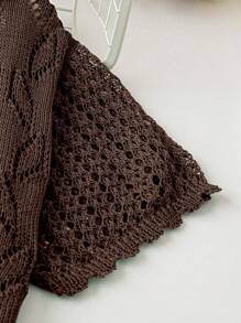 SHEIN LUNE Plus Size Women Solid Color Knitted Round Neck Hollow Out Single-Breasted Short Sleeve Cropped Casual Lightweight Cardigan, Spring/Summer - Brown - View 5