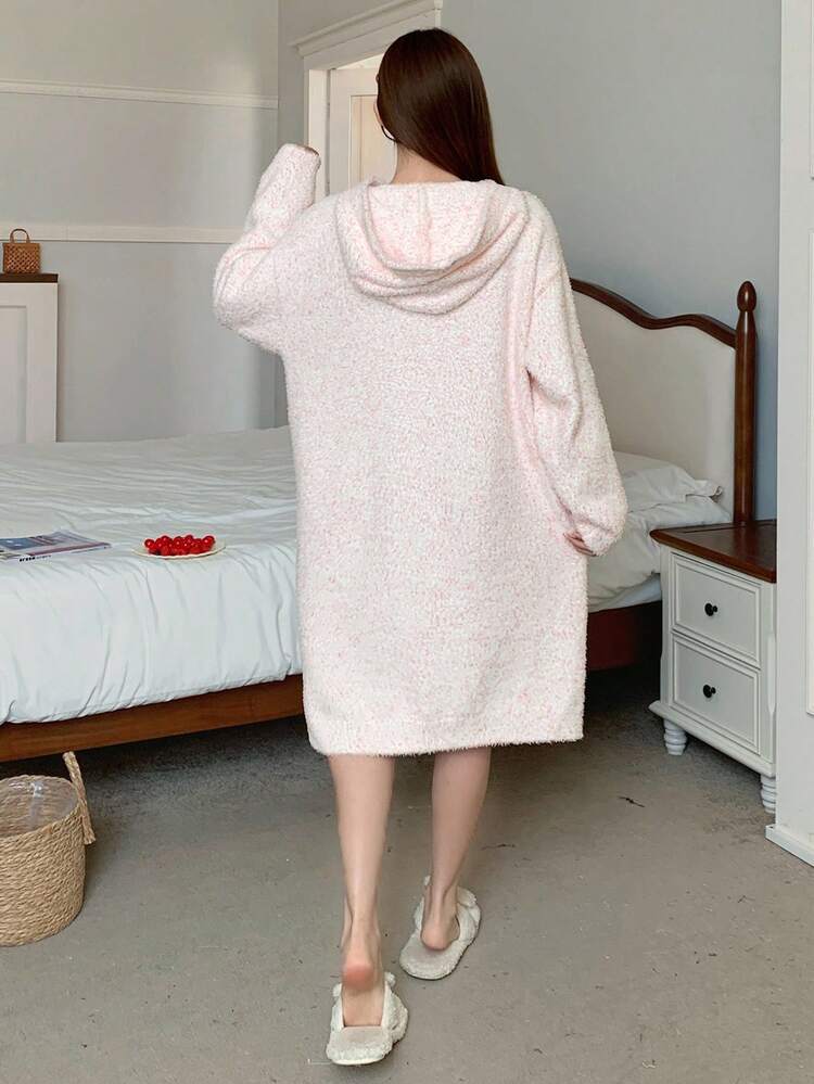 Women's Soft Floral Knit Hooded Loose Casual Lounge Dress, Winter, Fall Pajama