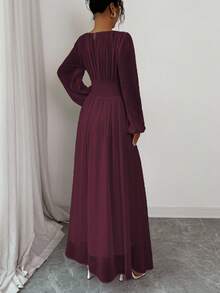 Elenzga Women's Spring/Summer French Romantic Sicily Elegant Casual Commute Vacation Afternoon Tea Party Round Neck Ruched Waist Drawstring A-Line Elastic Waist Long Sleeve Maxi Dress Fall Cloth For Women - Maroon - View 2
