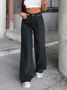 SHEIN Cottnline HIGH WAIST STRAIGHT JEAN PANT STYLE CASUAL Wide Leg Jeans High Waisted Pants Black Baggy Jeans Women Pants Wide Leg - Medium Wash - View 4