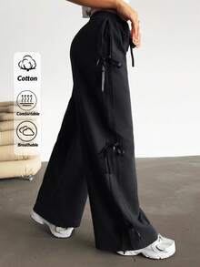RueChic Edgy Comfort: Black Joggers With Satin Side Ribbon Detailing - Black - View 1