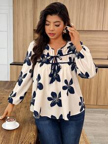 Weeklong Plus Size Elegant Floral Print Tie Front Shirt Fall Cloth For Women