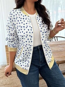 Weeklong Jaket Ukuran Besar Warna Putih dengan Motif Hati Biru dan Kantong Resleting, Gaya Kasual untuk Wanita Musim Gugur dan Musim Dingin - MultiWarna - View 8