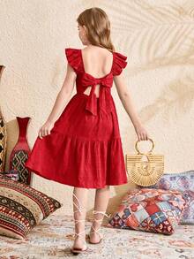 SHEIN Vestido texturizado para niñas preadolescentes con cuello cuadrado, decoración de lazo y mangas con volantes en la espalda abierta - Rojo - Ver 7