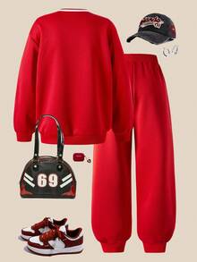 SHEIN Explorewe Casuvi 儿童女童两件套：条纹 V 领套头衫和纯色卷边休闲运动裤，字母印花，复古校园风格，适合户外、返校、春秋季休闲穿着 - 紅色 - 查看 2