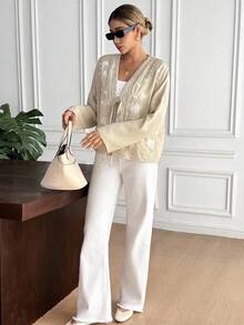 SHEIN Frenchy 秋冬女款印花系带长袖常规夹克 - 杏色 - 查看 6