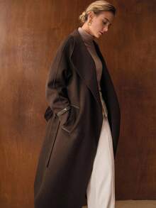 MOTF PREMIUM WOOL SOLID WATERFALL COLLAR SLANT POCKET BELTED OVERCOAT - Coffee Brown - View 6