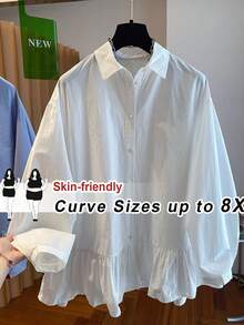 SHEIN CURVE+ 大码女式荷叶边下摆长袖纽扣衬衫，夏季宽松中长款衬衫上衣，秋季女式长袖紧身外套，冬季，CURVE PLUS/秋冬 - 白色 - 查看 1