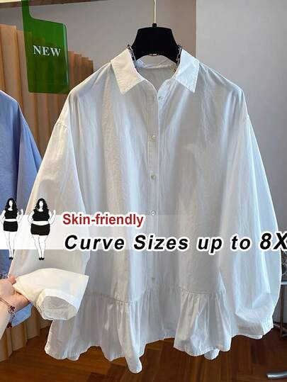 SHEIN CURVE+ 플러스플러스 사이즈 여성 러플 헴 긴소매 버튼 업 블라우스, 여름용 루즈 미드 렝스 셔츠 탑, 여성용 가을/겨울용 긴소매 셔켓, 커브 플러스/가을/겨울