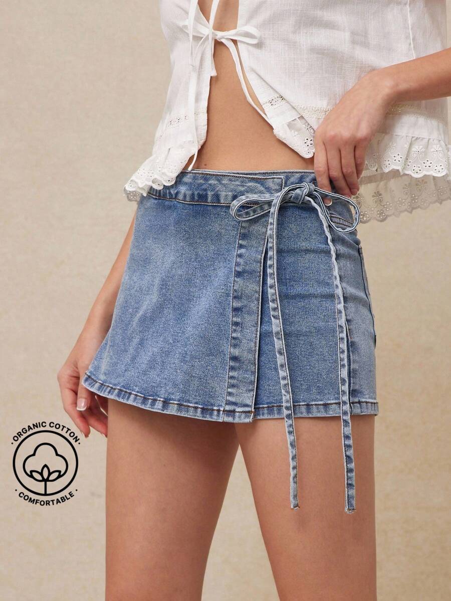 WESTFADE Quần short denim ngắn cạp cao có thể gập lại, buộc eo bên hông, thắt nơ, đính túi sau, quấn phía trước - Rửa nhẹ - Xem 1