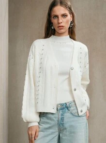 Revavyn Revavyn Damen Woll-Garn Stoff Cardigan mit Perlenverzierung, Drop-Shoulder, Langarm Kurz-Cardigan für tägliche Fahrten, Schule im Herbst, Ausgehen, Weiß - Aprikosenfarben - Übersicht 7