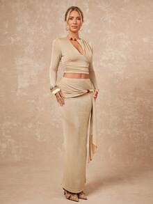 Lumalex Conjunto de Outono/Inverno Modesto e Elegante com Glitter para Festas, Raves, Festivais, Passeios na Praia, Férias, Estilo Boêmio, Estilo Boho, para Uso Externo, com Camadas Ricas, Ideal para Casamentos, Banquetes, Formaturas, Cerimônias de Maioridade, Praia e Beira-Mar. Conjunto de 2 Peças em Veludo Brilhante com Aplicações de Miçangas, Blusa de Manga Longa com Detalhe Franzido e Saia com Bainha Ondulada na Cintura Baixa. Disponível em Bege e Nude. Conjunto Elegante de 2 Peças para Baile de Formatura, Eventos Especiais como Al-Adha e Festas de Ano Novo. - Castanho Café - Ver 7