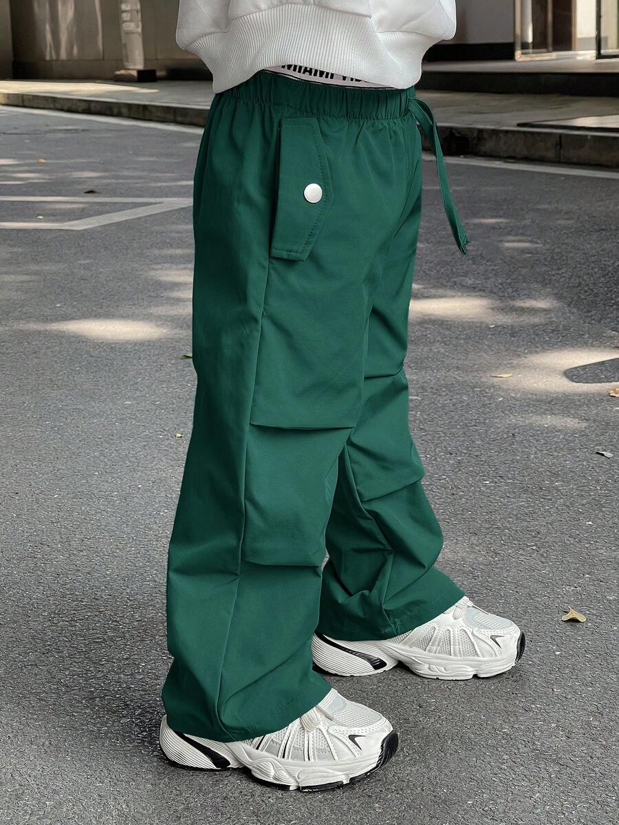 SHEIN 兒童/小男孩韓式寬鬆綠色梭織長褲,女童字母彈性腰純色防風長褲,返校季,秋季,學校,花園,秋天 - 墨綠色 - 查看 1
