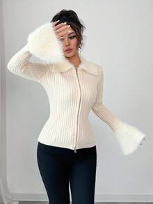 Franclia 女士优雅通勤法式休闲时尚人造毛领袖口前拉链开衫 - 杏色 - 查看 4