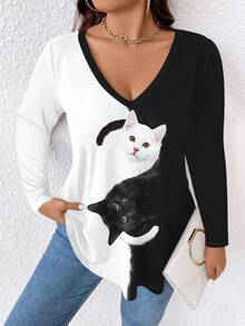 EMERY ROSE Plus Size Black & White Cat Print V-Neck Long Sleeve T-Shirt Fall Cloth For Women - Multicolor - View 3