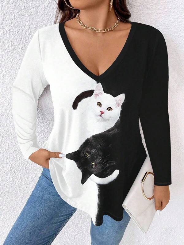 EMERY ROSE Plus Size Black & White Cat Print V-Neck Long Sleeve T-Shirt