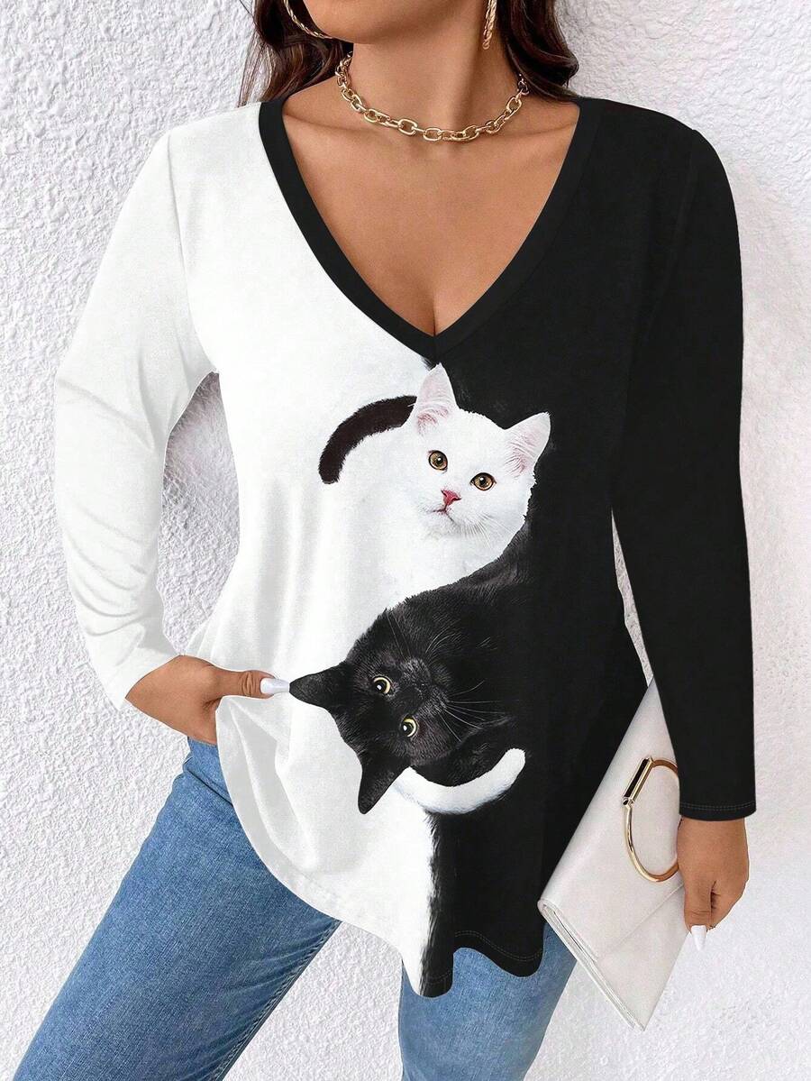 EMERY ROSE Plus Size Black & White Cat Print V-Neck Long Sleeve T-Shirt Fall Cloth For Women - Multicolor - View 1