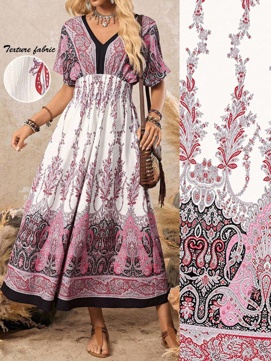 LanaWest Women's Casual Retro Western Style V-Neck Batwing Sleeve Cashew Floral Print Maxi Dress