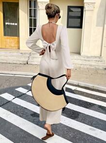 SHEIN Frenchy Women's Elegant Beige Long Sleeve Jumpsuit,Backless Lace-Up Bow Tie-Waist,Casual Autumn Vacation Holiday Outfits,Business Office Commute Minimalist - Apricot - View 5