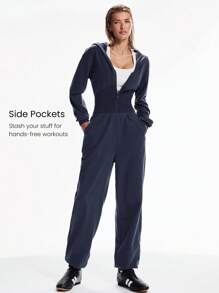 GLOWMODE 24" Everyday Terry Off-Duty Ribbed Waist Hem Zip-Up Hoodie Jumpsuit Bodysuit With Side Pockets Daily Casual Wear Fall Winter - Iron Gray - View 7