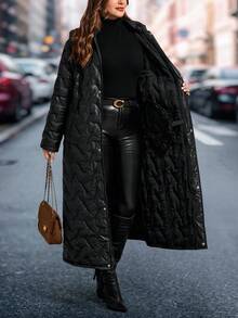 SHEIN Clasi 大码女式羽绒服，优雅黑色带口袋羽绒服，中长款羽绒服，带帽羽绒服，秋冬长款女式外套，长款绗缝夹克，冬季女式长款外套，女式羽绒服